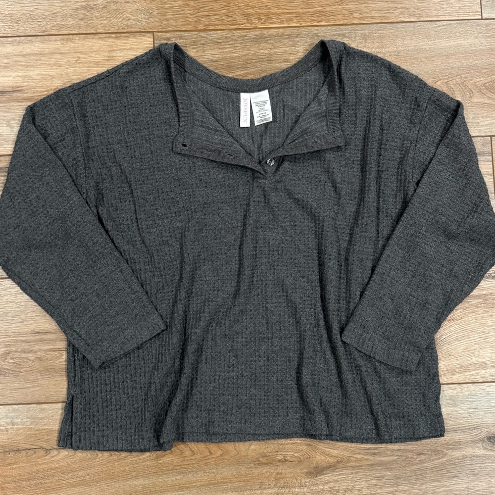 JOYSPUN Basic Gray Long Sleeve Ribbed Henley Top | Size Large